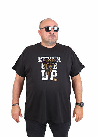 Starbattal Erkek Büyük Beden Sıfır Yaka Tişört Never Give Up 25182 SIYAH