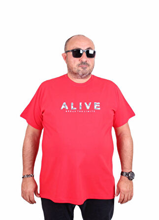 Starbattal Erkek Büyük Beden Sıfır Yaka Tişört Alive 25187 KIRMIZI
