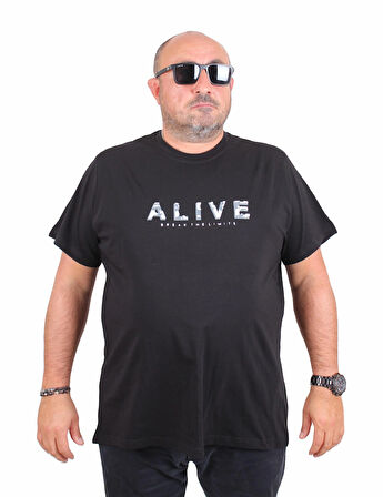 Starbattal Erkek Büyük Beden Sıfır Yaka Tişört Alive 25187 SIYAH