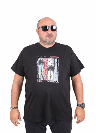 Starbattal Erkek Büyük Beden Sıfır Yaka Tişört Beach Party 25191 SIYAH