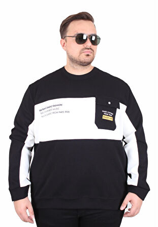 Starbattal Büyük Beden Bisiklet Yaka Cepli Sweat Double Face Pike 25702 SIYAH