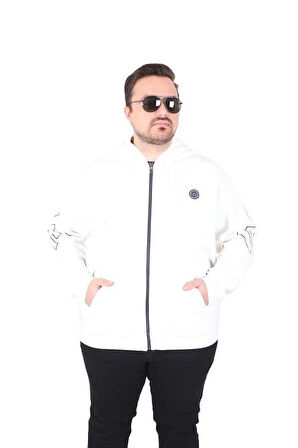 Starbattal Büyük Beden Kapüşonlu Fermuarlı Sweat Double Face Ossi 25705 EKRU