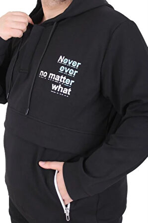 Starbattal Büyük Beden Kapüşonlu Sweat Double Face Never 25706 SIYAH