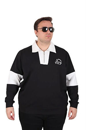 Starbattal Büyük Beden Polo Yaka Fermuarlı Sweat Double Face 25709 SIYAH