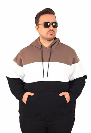 Starbattal Büyük Beden Kapüşonlu 3ip Sweat MG 25725 Vizon