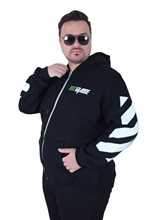 Starbattal Büyük Beden Kapüşonlu Fermuarlı 3ip Sweat MG 25718 SIYAH