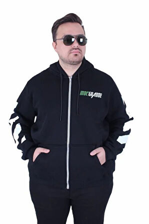 Starbattal Büyük Beden Kapüşonlu Fermuarlı 3ip Sweat MG 25718 SIYAH