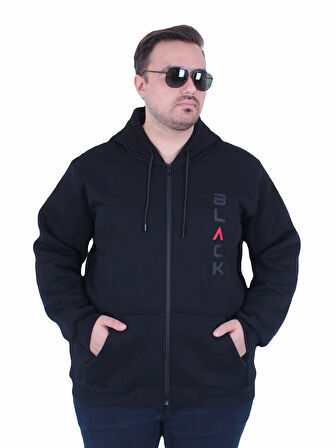 Starbattal Büyük Beden Kapüşonlu Fermuarlı 3ip Sweat Black 25716 SIYAH