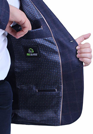 Starbattal Erkek Büyük Beden 4 Drop Blazer Ekose Ceket 500605 LACIVERT
