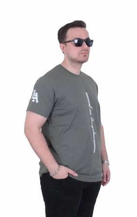 Starbattal Erkek Büyük Beden Sıfır Yaka Tişört  Los Angeles 26155 HAKI
