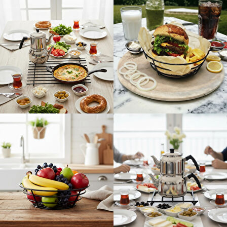 4’LÜ METAL SUNUM VE NİHALE SETİ – BÜYÜK NİHALE, SOSLUKLU  SUNUMLUK, EKMEK-MEYVE SEPETİ, KÜÇÜK NİHALE