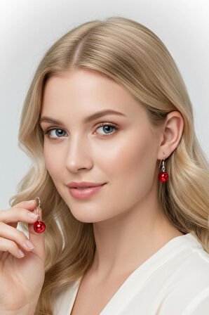 925 Ayar Gümüş Kancalı Küpe | 10 mm Kırmızı Zirkon Taşlı Küpe | BymissMücevherat