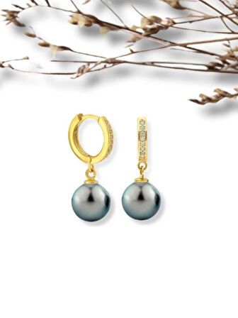 Şık Gold Renk Tahiti (KoyuMetalik) İnci Taşlı 925 Ayar Gümüş Küpe