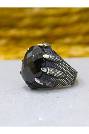 925 Ayar Gümüş Oval Pençe Model Siyah Zirkon Taşlı Yüzük