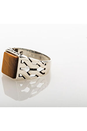 925 Ayar Gümüş Kaplan Gözü Taşlı Kare Model Yüzük