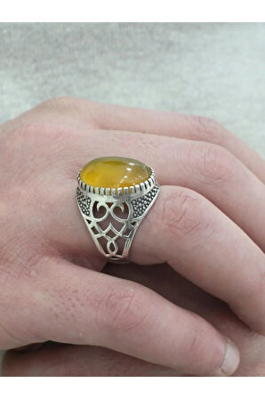 Sarı Akik Taşlı 925 Ayar Gümüş Erkek Yüzük
