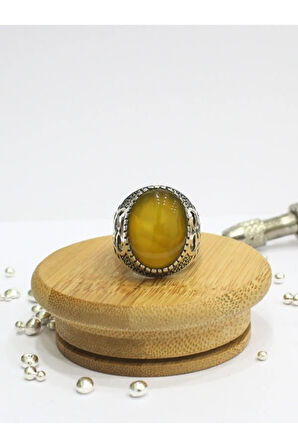 Sarı Akik Taşlı 925 Ayar Gümüş Erkek Yüzük