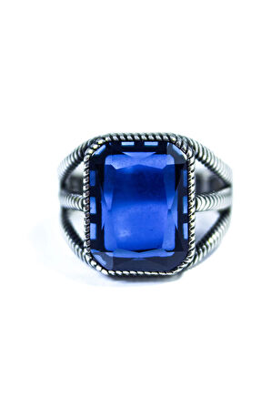 925 Ayar Gümüş Kafes Model Kristal Kesim Lacivert Safir Taşlı Yüzük