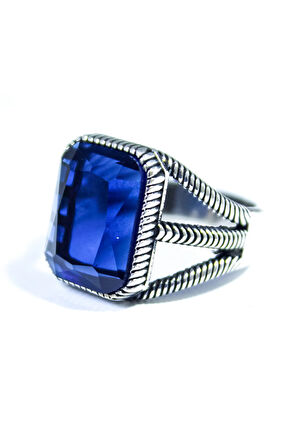 925 Ayar Gümüş Kafes Model Kristal Kesim Lacivert Safir Taşlı Yüzük