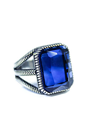 925 Ayar Gümüş Kafes Model Kristal Kesim Lacivert Safir Taşlı Yüzük