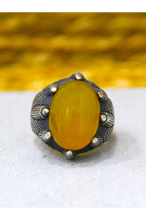 925 Ayar Gümüş Oval Pençe Model Sarı Akik Taşlı Yüzük