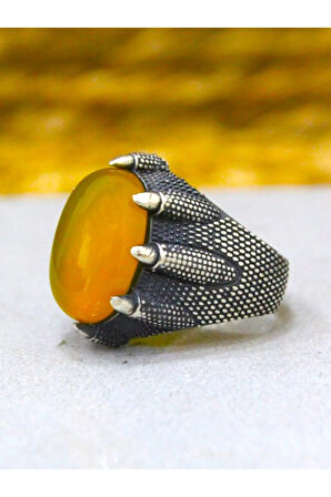 925 Ayar Gümüş Oval Pençe Model Sarı Akik Taşlı Yüzük