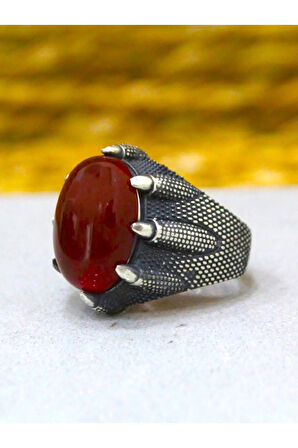 Ayar Gümüş Oval Pençe Model Akik Taşlı Yüzük