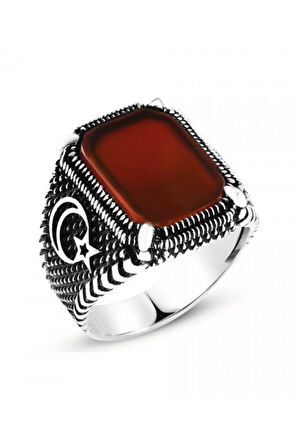 925 Ayar Gümüş Pençe Model Ayyıldız Işleme Akik Taşlı Yüzük