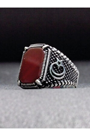 925 Ayar Gümüş Pençe Model Ayyıldız Işleme Akik Taşlı Yüzük