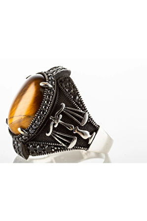 925 Ayar Gümüş Kaplan Gözü Taşlı Adalet Simgesi Terazi Işlemeli Erkek Yüzük