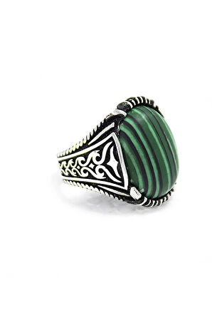 925 Ayar Gümüş Çizgili Yeşil Akik Taşlı Yüzük