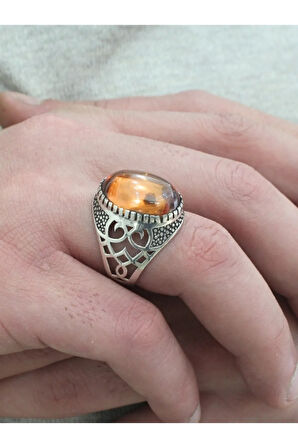 Sitrin Taşlı 925 Ayar Gümüş Erkek Yüzük