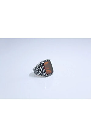 925 Ayar Gümüş Ay Yıldız Desenli Kare Kırmızı Zirkon Taşlı Erkek Yüzük