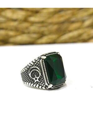 925 Ayar Gümüş Ay Yıldız Desenli Kare Yeşil Taşlı Erkek Yüzük