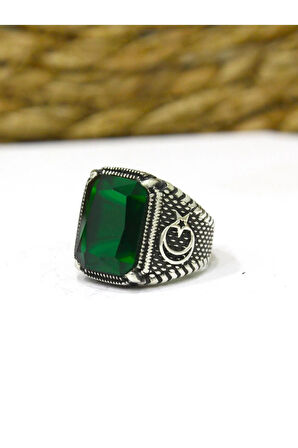 925 Ayar Gümüş Ay Yıldız Desenli Kare Yeşil Taşlı Erkek Yüzük