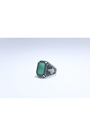 925 Ayar Gümüş Pençe Model Tuğra Işleme Yeşil Akik Taşlı Erkek Yüzük