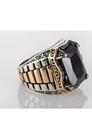 925 Ayar Gümüş Saat Kordon Model Siyah Zirkon Taşlı Erkek Yüzük