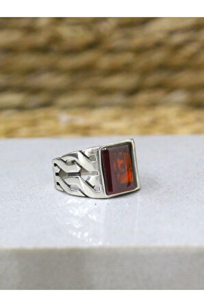 925 Ayar Gümüş Örgü Model Bombeli Kırmızı Zirkon Taşlı Yüzük