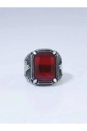 925 Ayar Gümüş Pençe Model Tuğra Desenli Kristal Kesim Kırmızı Taşlı Erkek Yüzük