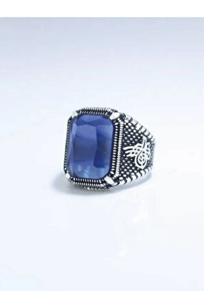 925 Ayar Gümüş Pençe Model Tuğra Desenli Kristal Kesim Safir Taşlı Erkek Yüzük