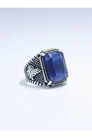 925 Ayar Gümüş Pençe Model Tuğra Desenli Kristal Kesim Safir Taşlı Erkek Yüzük