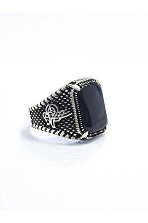 925 Ayar Gümüş Pençe Model Tuğra Desenli Kare Oniks Taşlı Erkek Yüzük