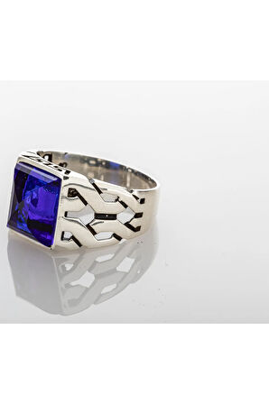 925 Ayar Gümüş Lacivert Baget Kesim Zirkon Taşlı Kare Model Erkek Yüzük