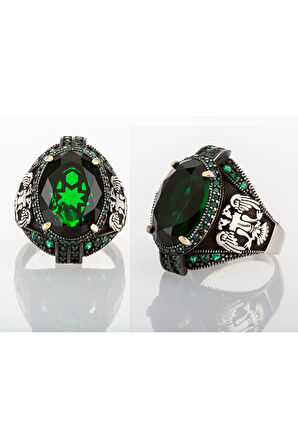 925 Ayar Gümüş Yeşil Zirkon Taşlı Çift Başlı Kartal Işlemeli Erkek Yüzük
