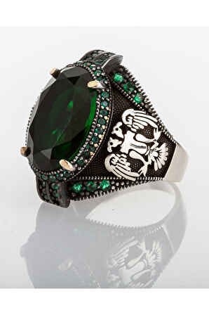925 Ayar Gümüş Yeşil Zirkon Taşlı Çift Başlı Kartal Işlemeli Erkek Yüzük