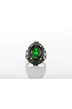 925 Ayar Gümüş Yeşil Zirkon Taşlı Çift Başlı Kartal Işlemeli Erkek Yüzük