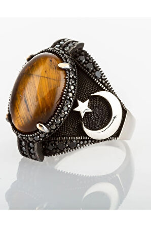 925 Ayar Kaplan Gözü Taşlı Ay Yıldız Işlemeli Erkek Yüzük