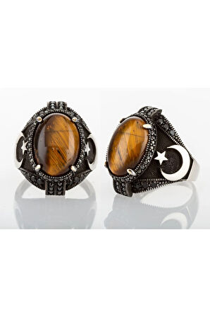 925 Ayar Kaplan Gözü Taşlı Ay Yıldız Işlemeli Erkek Yüzük