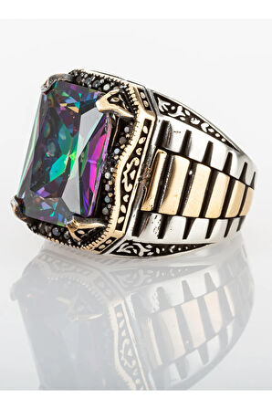 925 Ayar Gümüş Mistik Topaz Taşlı Saat Kordon Model Erkek Yüzük