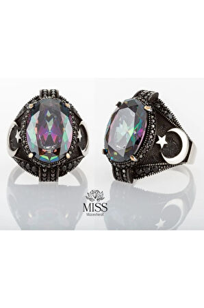 Ay Yıldız Işlemeli Mistik Topaz Taşlı 925 Ayar Gümüş Erkek Yüzük